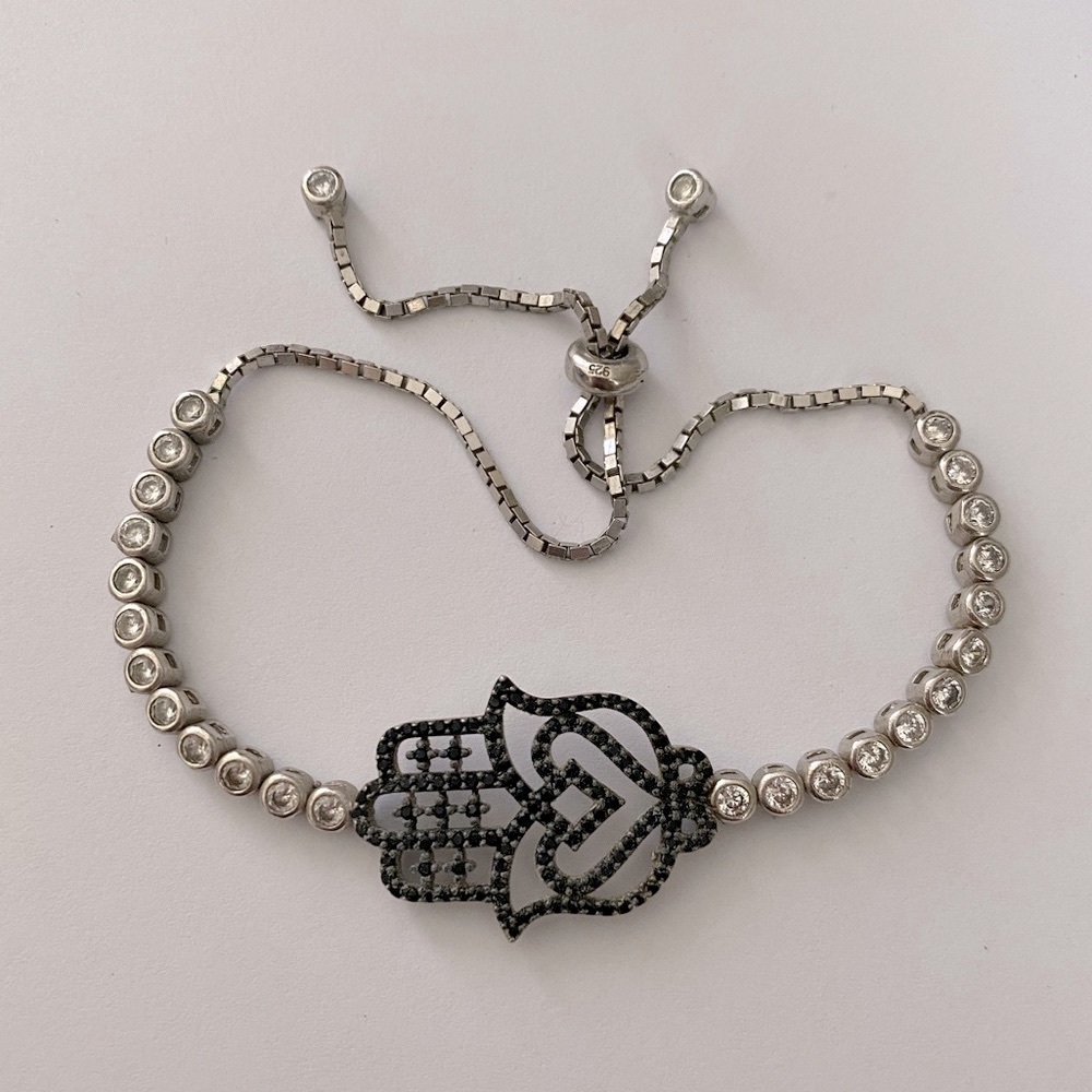 925 silver hand bracelet black cz stones slider lock tennis